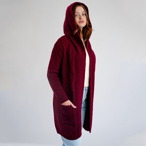 SHOP ONLINE ML116  108 WINE RED Colour Ladies Irish Cable Knit Cardigan with Hood and Pockets ON ShopAran.com