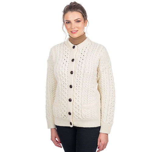 Buy SA570 NATURAL WHITE Colour Leather Buttons Merino Wool Ladies Lumber Irish Cardigan ShopAran.com