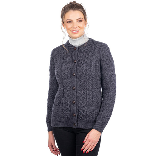 SA570 CHARCOAL Colour  Ladies Irish Lumber Cardigan In 100% Merino Wool ShopAran.com