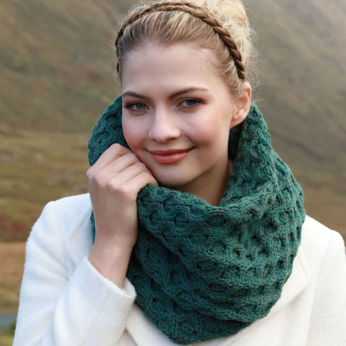 SHOP ONLINE B873 403 CONNEMARA GREEN Colour Merino Wool Knitted Snood Scarf ON ShopAran.com