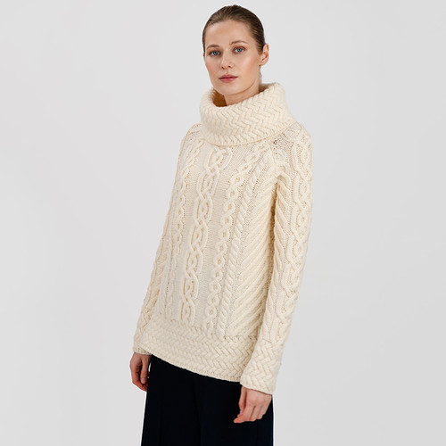ML117 100 NATURAL WHITE Colour  Fisherman Wool Funnel Neck Sweater ShopAran.com