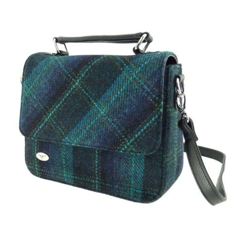 GA-LB1214-COL119 Handmade Harris Tweed Square Shoulder Bag in BLUE TURQUOISE OVERCHECK Colour Shop On Scottishwebstore.com