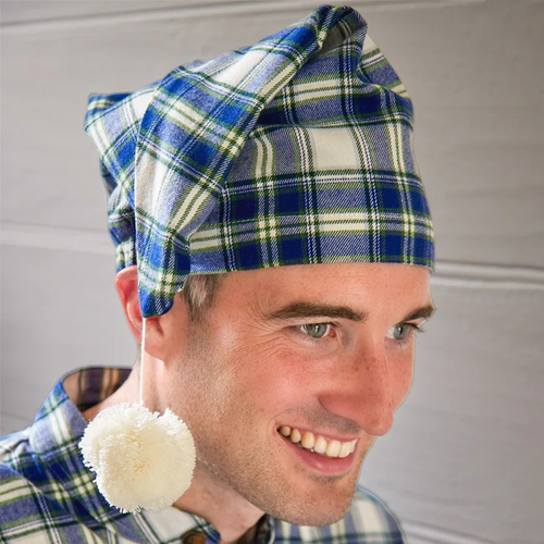 LV-FNC-Lv38-OS Men's Cotton Flannel Nightcap in Blue Tartan Scottishwebstore.com