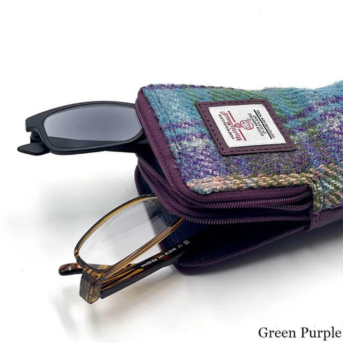 MCS-CB2205-MCS2204-GREEN PURPLE PLAID Colour Handwoven Harris Tweed Double Glasses Sleeve Side View Scottishwebstore.com