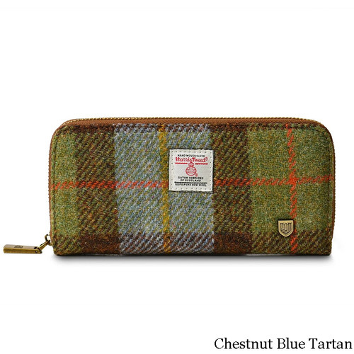 Ladies Harris Tweed Long Wallet Chestnut Blue Tartan ScottishWebstore.com