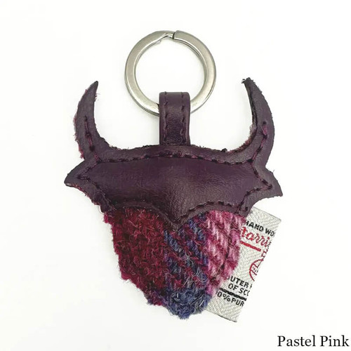 MCS-CB2507-TRT073-PASTEL PINK Colour Harris Tweed Highland Cow Keyring Scottishwebstore.com