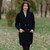 ML131 104 Navy Blue Ladies Double Breasted Shawl Collar Coat Lifestyle Front View ExclusivelyIrish.com