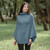 ML132 113 Denim Blue Cable Stitch Poncho Lifestyle Front View ExclusivelyIrish.com