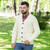 MM201 100 Natural White Mens V Neck Cable Cardigan Lifestyle Front View ExclusivelyIrish.com