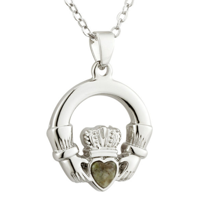 Rhodium Connemara Marble Claddagh Pendant ExclusivelyIrish.com