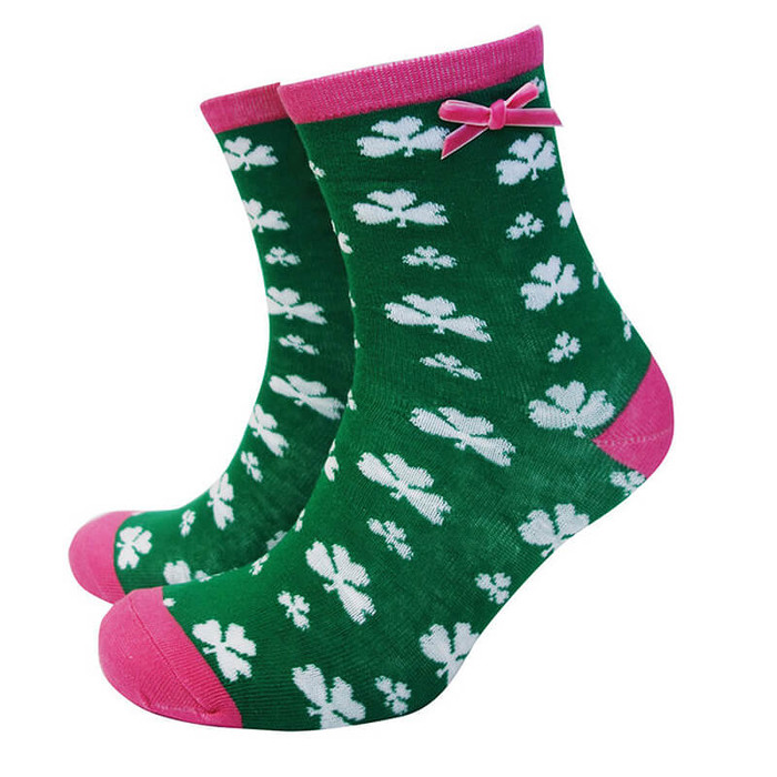 T9318-OS Green/Pink Box Ladies Shamrock Socks Studio ExclusivelyIrish.com