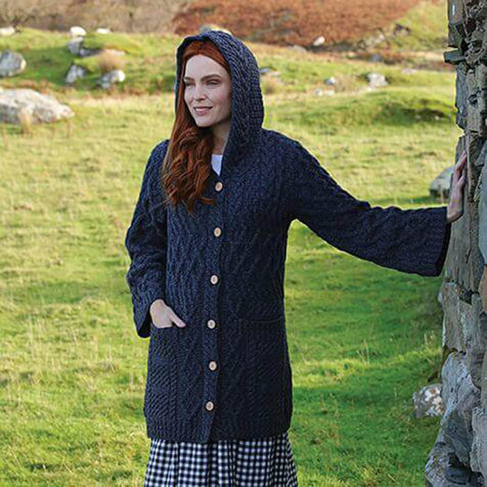 B556 070 Charcoal Ladies Merino Long Cardigan with Hood Lifestyle Front View B556 070 Charcoal Ladies Merino Long Cardigan with Hood Lifestyle Front View