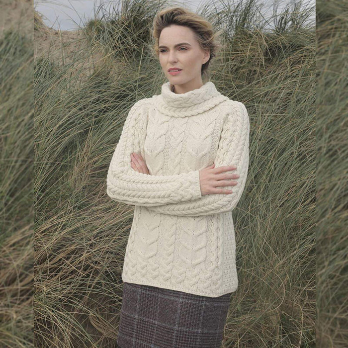 B653 367 Classic Aran Soft Merino Wool Irish Ladies Turtle Neck Sweater Lifestyle Front View ExclusivelyIrish.com