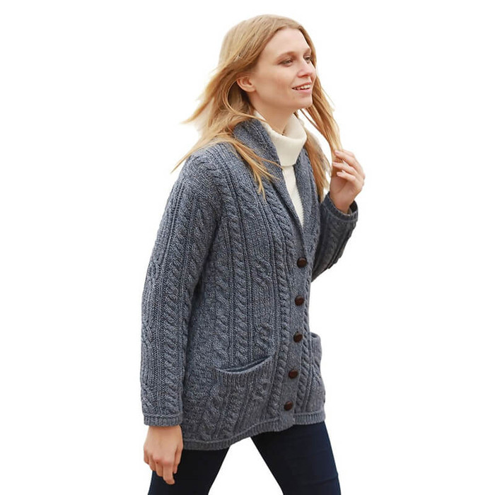 B838 206 Denim Marl Multi Wool Cable Knit Irish Shawl Cardigan Lifestyle Side View ExclusivelyIrish.com