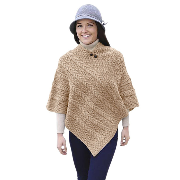 Ladies Merino Wool Plaited Poncho Sweater White Blend ExclusivelyIrish.com