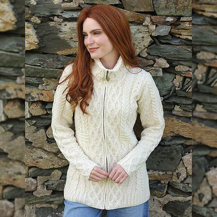 B926 162 Classic Aran Ladies Irish Zipper Wool Cardigan Lifestyle Front View ExclusivelyIrish.com