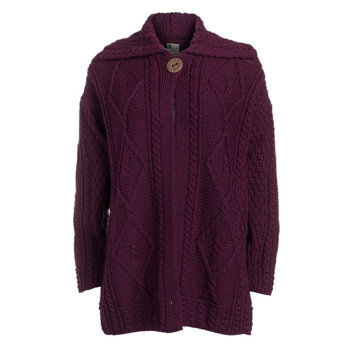 Boyne Valley Knitwear Merino Long Aran Cardigan Single Button Very Berry 
ExclusivelyIrish.com