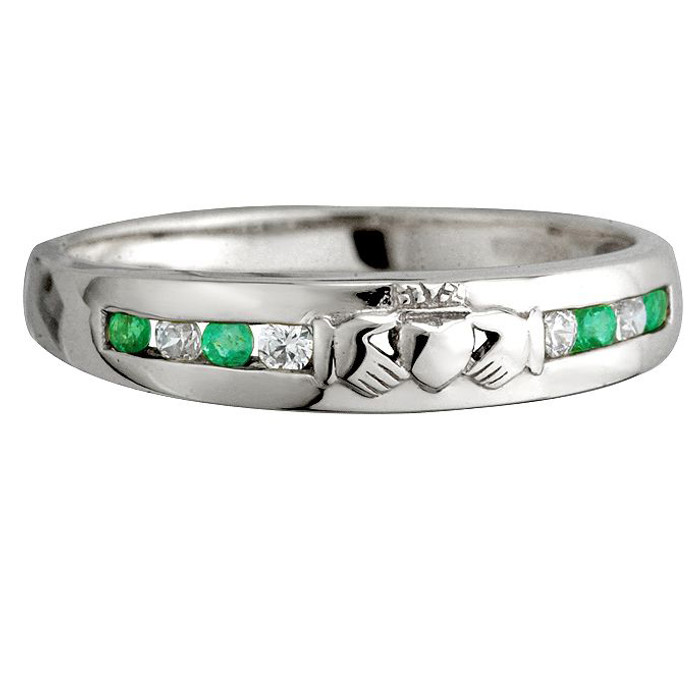14K White Gold 8-Stone Diamond Emerald Claddagh Eternity Ring ExclusivelyIrish.com