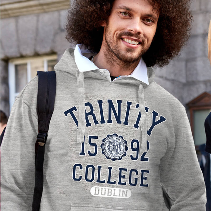 TRIN5002 Gry Marl/Navy Trinity 1592 Hoody Lifestyle Front View ExclusivelyIrish.com