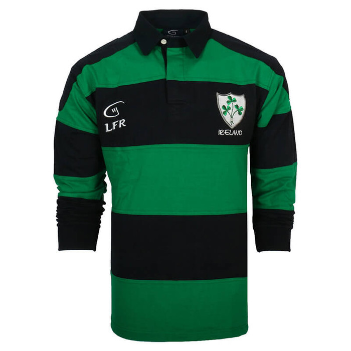 RSAIS-NVKE Rugby Shamrock Cotton Longsleeve Striped Shirt Studio Front View ExclusivelyIrish.com