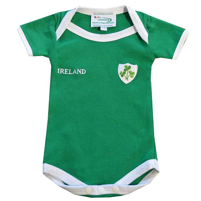 R7129 Emerald Green Ireland 3 Shamrock Baby Vest Studio Front View Exclusivelyirish.com