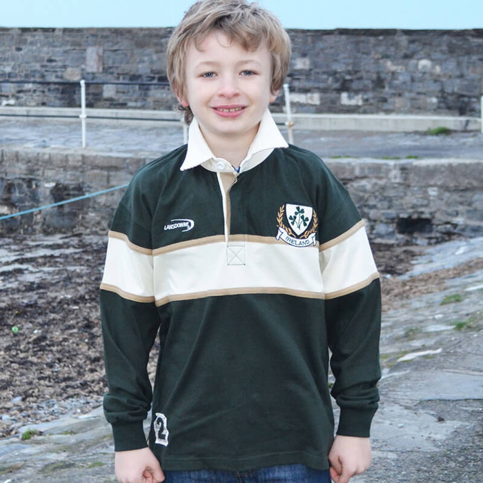 R7143 Bottle Green Natural Ireland Shamrock Long Sleeve Kids Rugby Top Lifestyle Front View ExclusivelyIrish.com