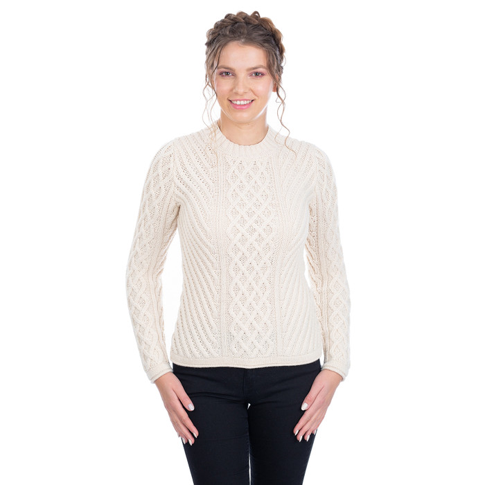 Ladies Aran Tunic Sweater Natural Front View ExclusivelyIrish.com