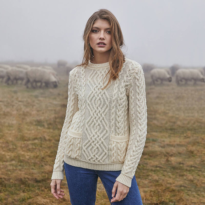 ML102 100 Natural White Cable Wool Knit Crew Sweater Lifestyle Front View ExclusivelyIrish.com