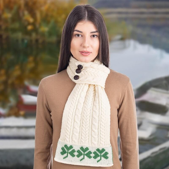 ML250 100 Natural White Aran Loop Scarf featuring Shamrock Pattern Lifestyle Front View ExclusivelyIrish.com