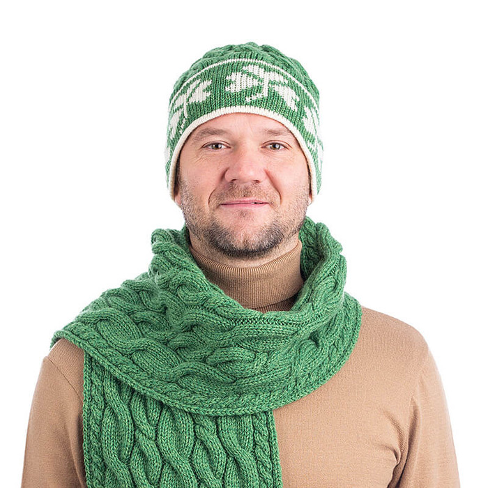 MM199-105 Green Men's Wool Cable Knit Hat with Shamrock Design ExclusivelyIrish.com