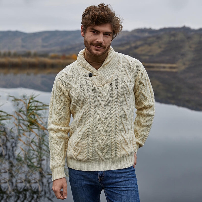 MM203 100 Natural White Men's Shawl Collar Single Button Sweater Lifestyle Front View ExclusivelyIrish.com