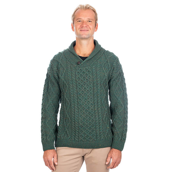 SA209 303 Connemara Green Mens Cozy Shawl-Collar Wool Sweater Studio Front View ExclusivelyIrish.com