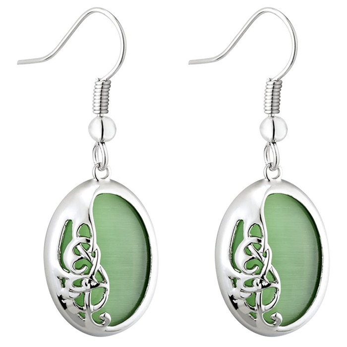 Rhodium Bok Green Cat Eye Drop Earrings ExclusivelyIrish.com