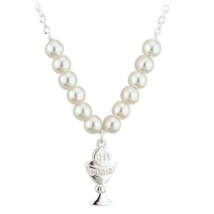 Silver Plated Chalice Faux Pearl Communion Necklace ExclusivelyIrish.com