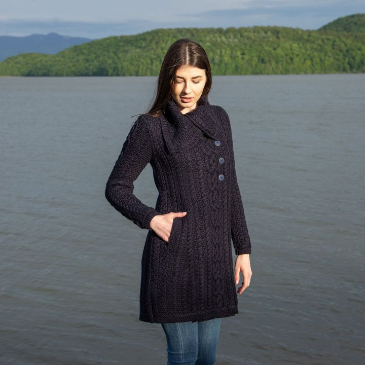 AWL108 304 NAVY BLUE Colour Merino Wool Blend Irish Cardigan with High Collar ShopAran.com