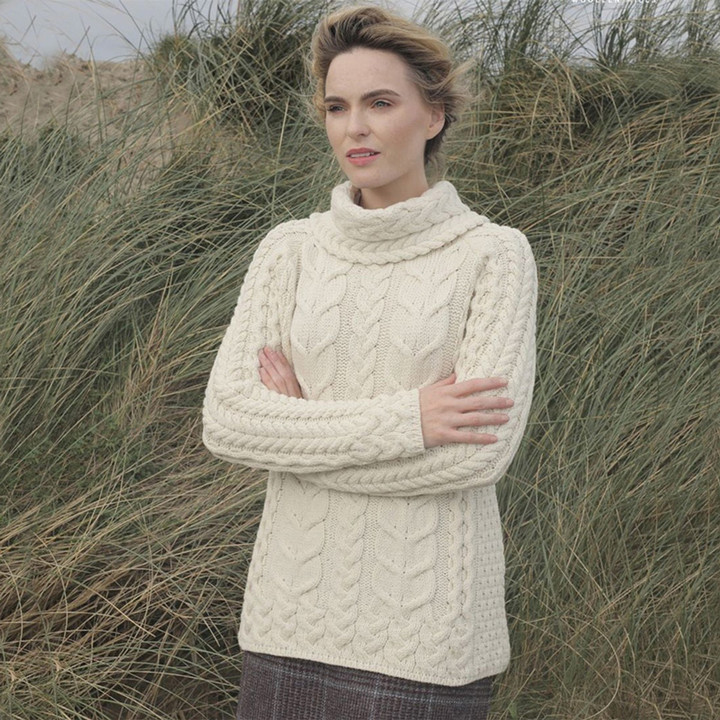 B653367 NATURAL WHITE Colour Ladies Cowl Neck Aran Sweater ShopAran.com