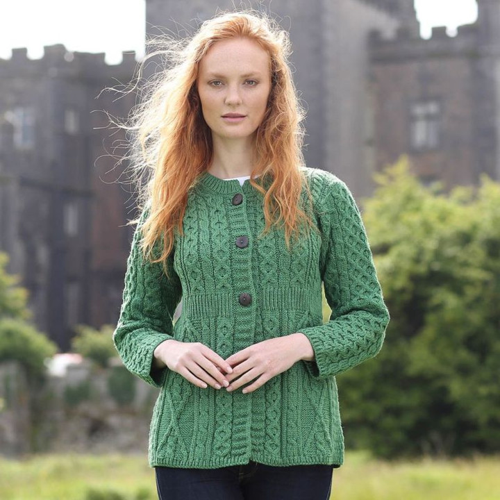A685 257 KIWI GREEN Colour Ladies Irish Aran Cardigan In Honeycomb Stitch ShopAran.com
