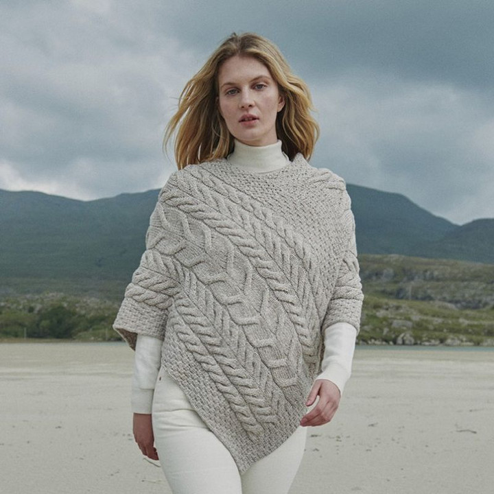 B676 371 MISTY GREY Colour Irish Aran Knit Sweater with Traditional Cable Stitches ShopAran.com