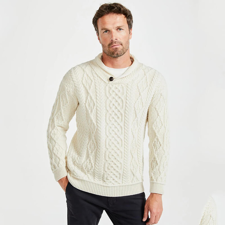SHOP NOW B414-367 100% Merino Wool Men’s Shawl Collar Aran Sweater ShopAran.com