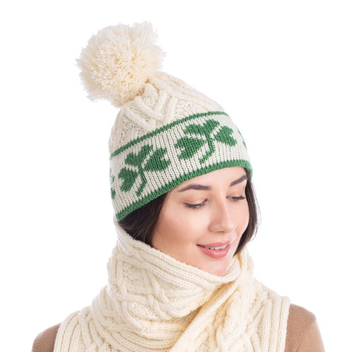 ML201 100 NATURAL WHITE Colour Aran Wool Hat with Shamrocks ShopAran.com