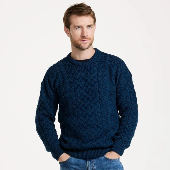 BUY NOW A823303 ATLANTIC BLUE Colour Men’s Crew Neck Aran Sweater – Soft Merino Wool Knit ON ShopAran.com