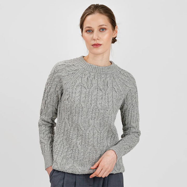 Shop Now AWL103 303 GREY Colour  Ladies Crew Neck Aran Sweater In Cable Stitch on ShopAran.com