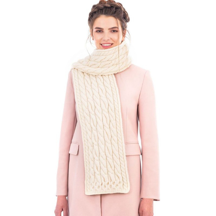 SB799 367 NATURAL WHITE Colour Supersoft Merino Long Cable Scarf ShopAran.com
