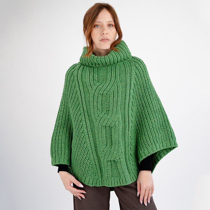 ML133 105 GREEN Colour Cowl Neck Aran Poncho Soft Merino Wool ShopAran.com