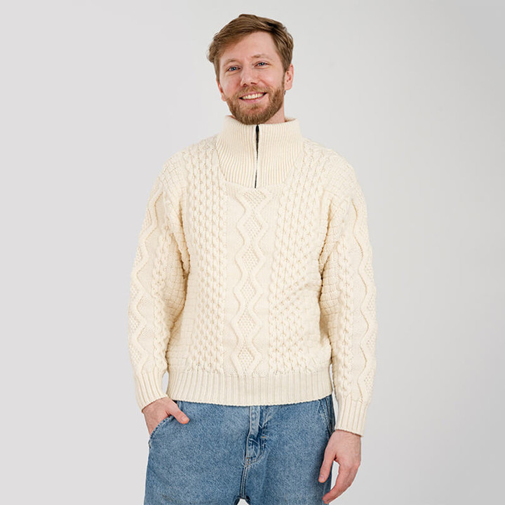 MM902 NATURAL WHITE Colour Men's Zip Neck Heavyweight Aran Sweater ShopAran.com