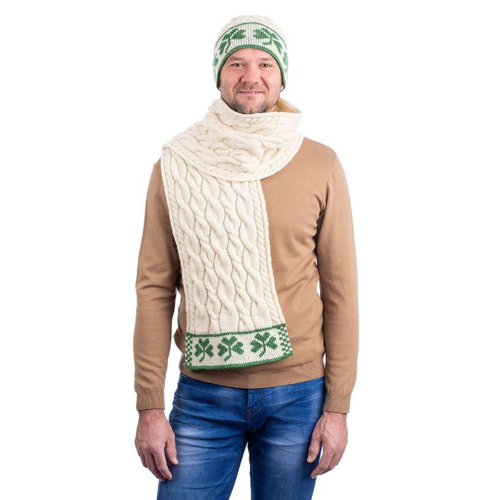 MM198 100 NATURAL WHITE Colour Three Shamrock Irish Men’s Scarf ShopAran.com