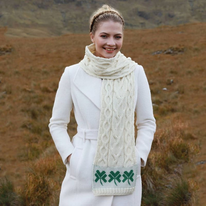A843 283 NATURAL WHITE Colour Irish Cable Knit Scarf with Shamrocks ShopAran.com