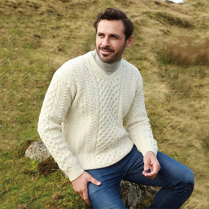 B736162 NATURAL WHITE Colour Men’s Irish V Neck Sweater 100% Soft Merino Wool with Classic Aran Stitches ShopAran.com