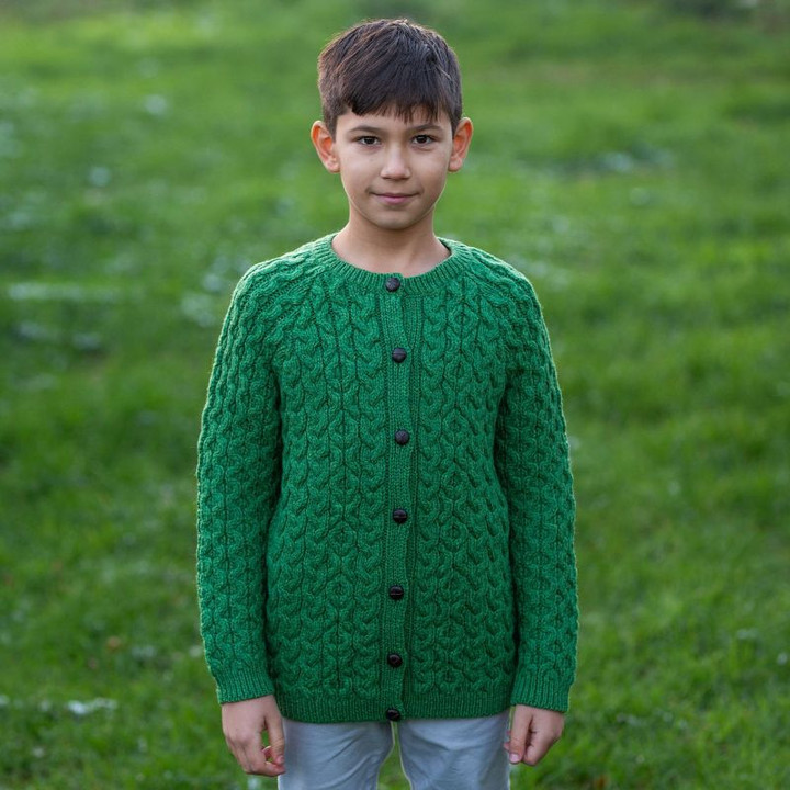 MK101 105 10-12YRS GREEN Colour 100% Merino Wool Traditional Aran Kids Cardigan Sweater ShopAran.com