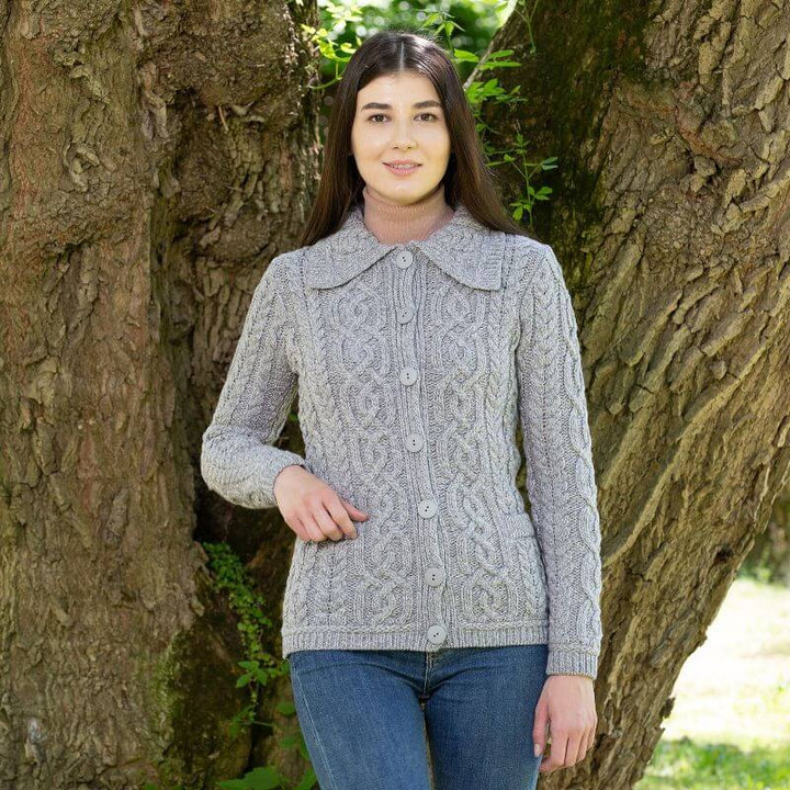 ML109 103 GREY Colour Aran Button up Cardigan ShopAran.com